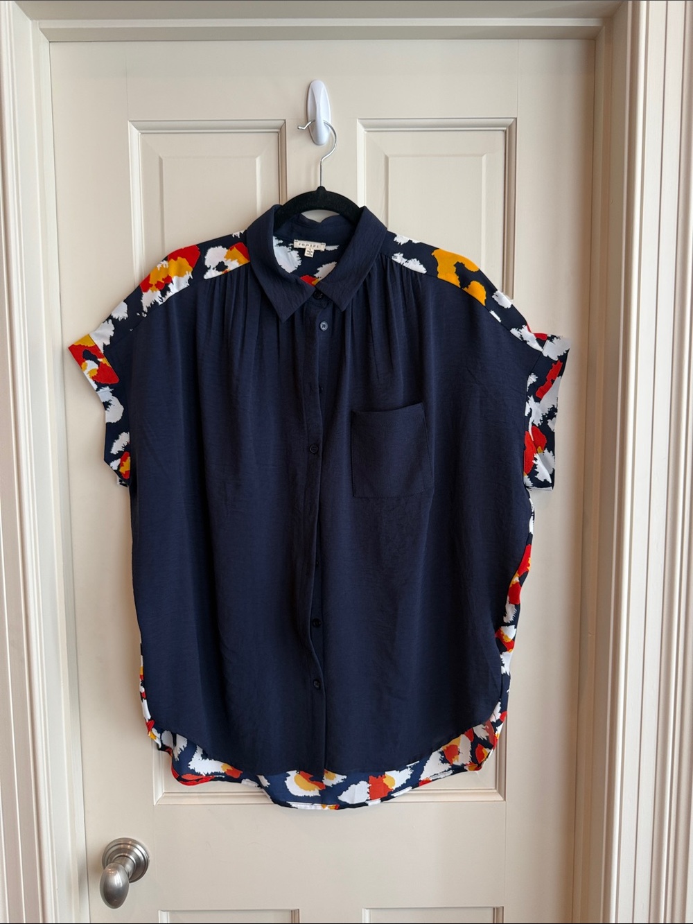 JODIFL Navy Button-Front Shirt with Red, Yellow & White Floral Trim
